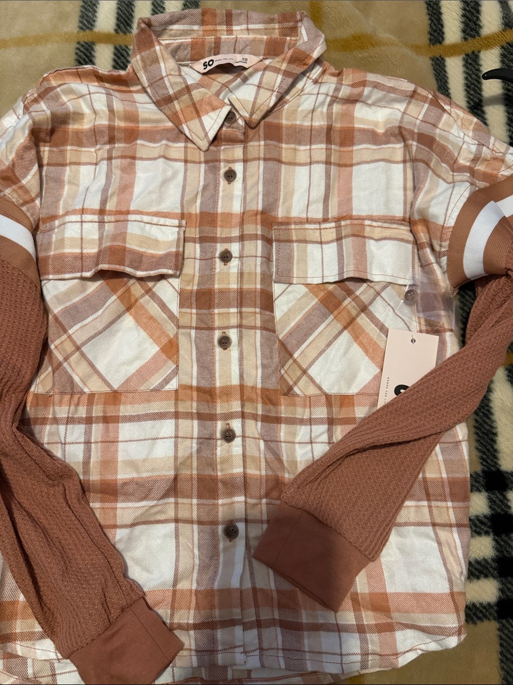 SO Plaid Button-Down Shirt in Rust and White with Knit Sleeve Detail